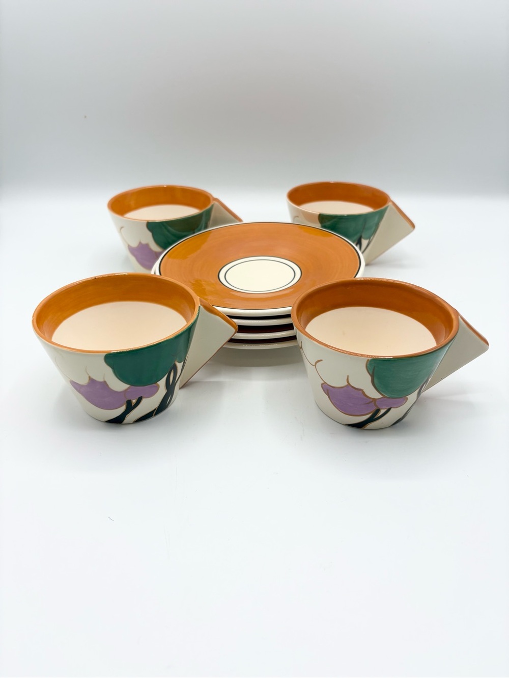 Clarice Cliff MMA Reproduction ‘93 Autumn Trees Art Deco Cup & Saucer Set of 4